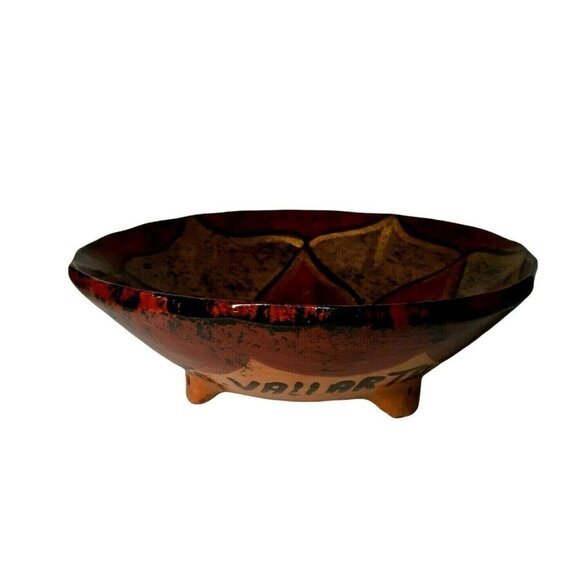 Mexican Pottery Footed Bowl Vallarta Signed Flower Gold Paint Lined 5.5" Folk - Picture 9 of 9